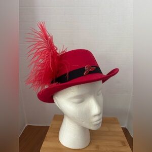 ARLIN 100% Wool Red Feathered Women's Hat, Black Ribbon w. Pin. Red Hat Society